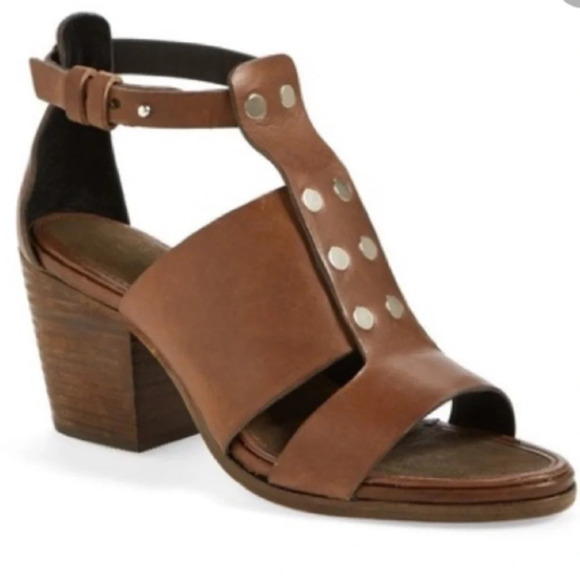 Rag & Bone Tan Brown Charlie Leather Sandals Silver Stud Stacked Block Heel 38.5 - Picture 1 of 14